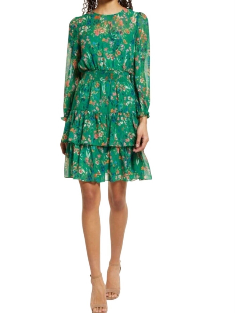 Eliza J Ruffle Balloon Green Floral Tiered Sheer Long Sleeve Dress Size 8
